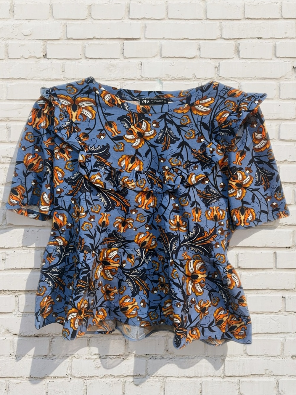 Zara 100% Cotton Cottagecore Prariecore Floral Ruffle Peplum Top - Blue & Orange